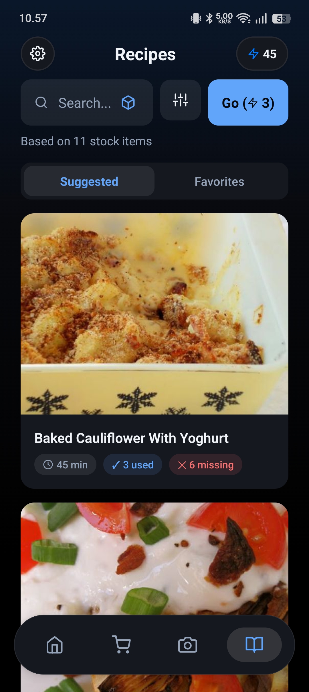 Suggested recipes matching pantry stock screen