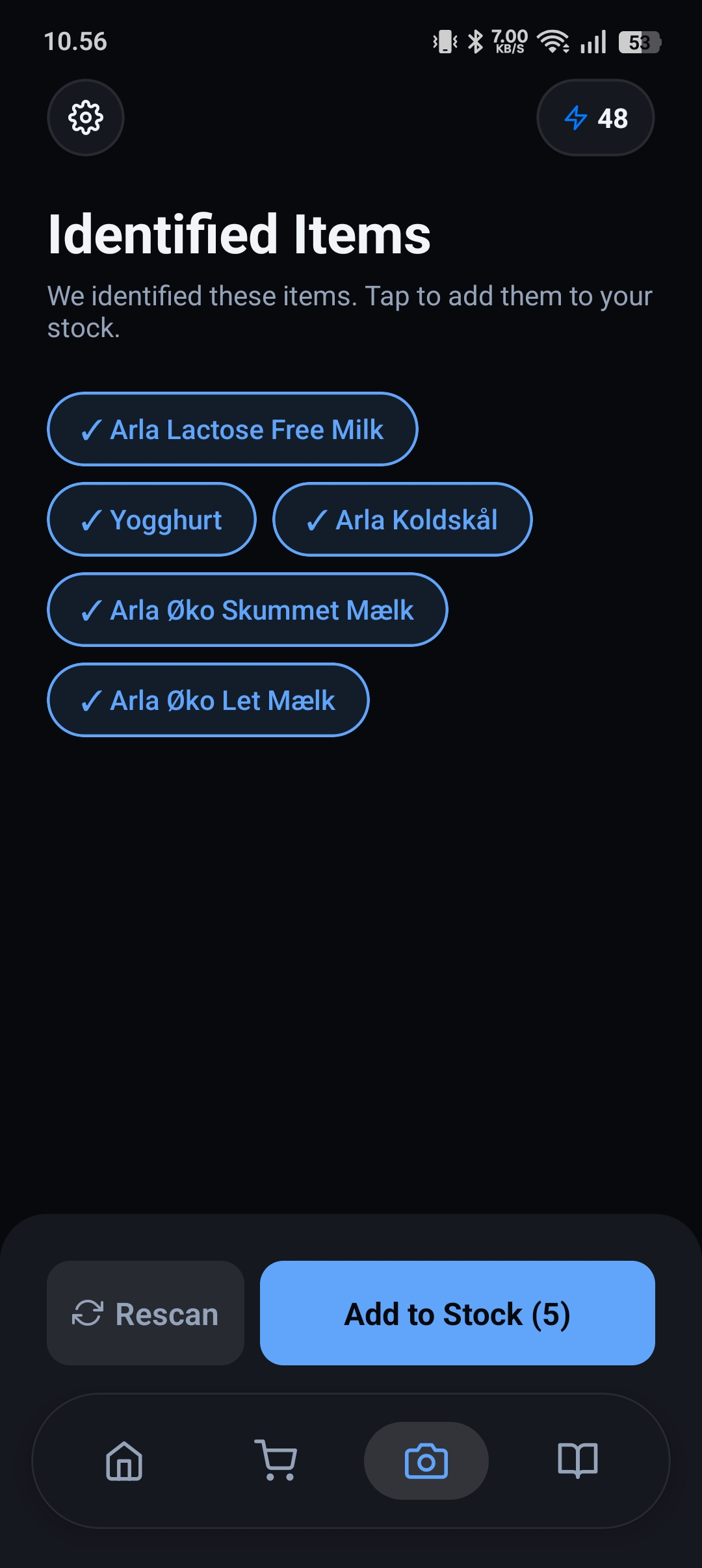 OCR Scanner identified items list screen