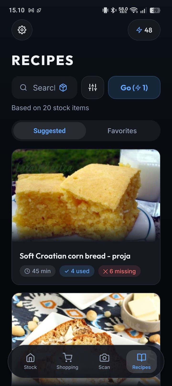 Recipe suggestions in Stoxi ranked by pantry match, featuring homemade corn bread proja