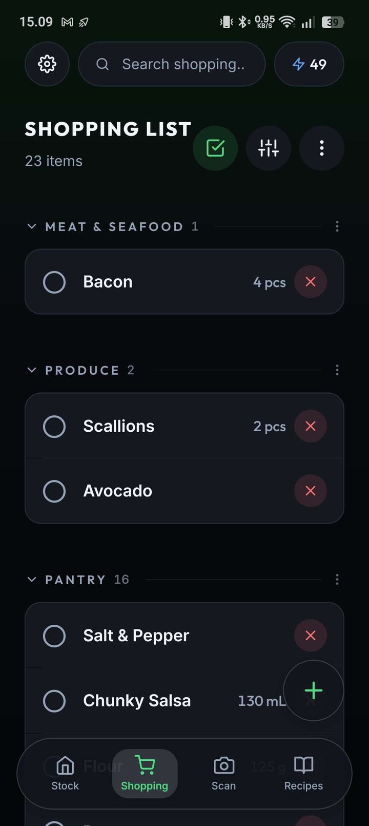 A Stoxi shopping checklist organized by supermarket aisles like Meat & Seafood, Produce, and Pantry