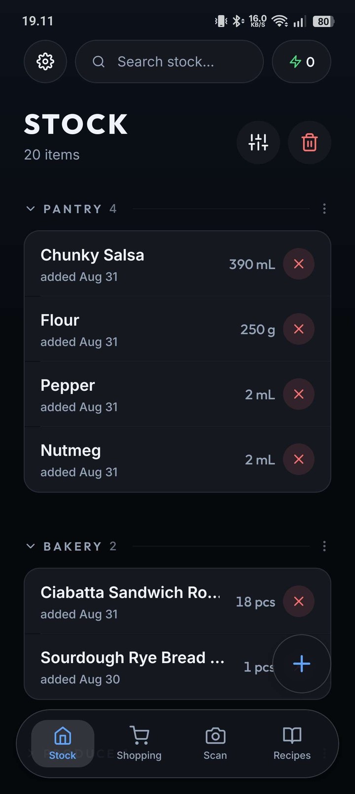 The Stoxi stock screen, showing pantry items grouped into Pantry and Bakery categories